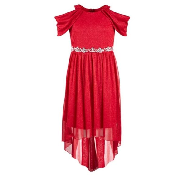 My Michelle Girls Red Holiday Hi‎ Low Embellished Sparkle Dress 12 - Picture 1 of 16
